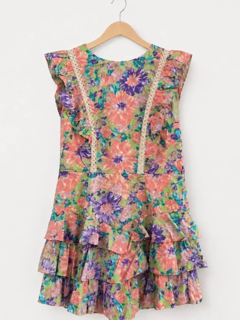 Indikah Floral Ruffle Open Back Romper Skort Dress Large Pink Pastel Cottagecore